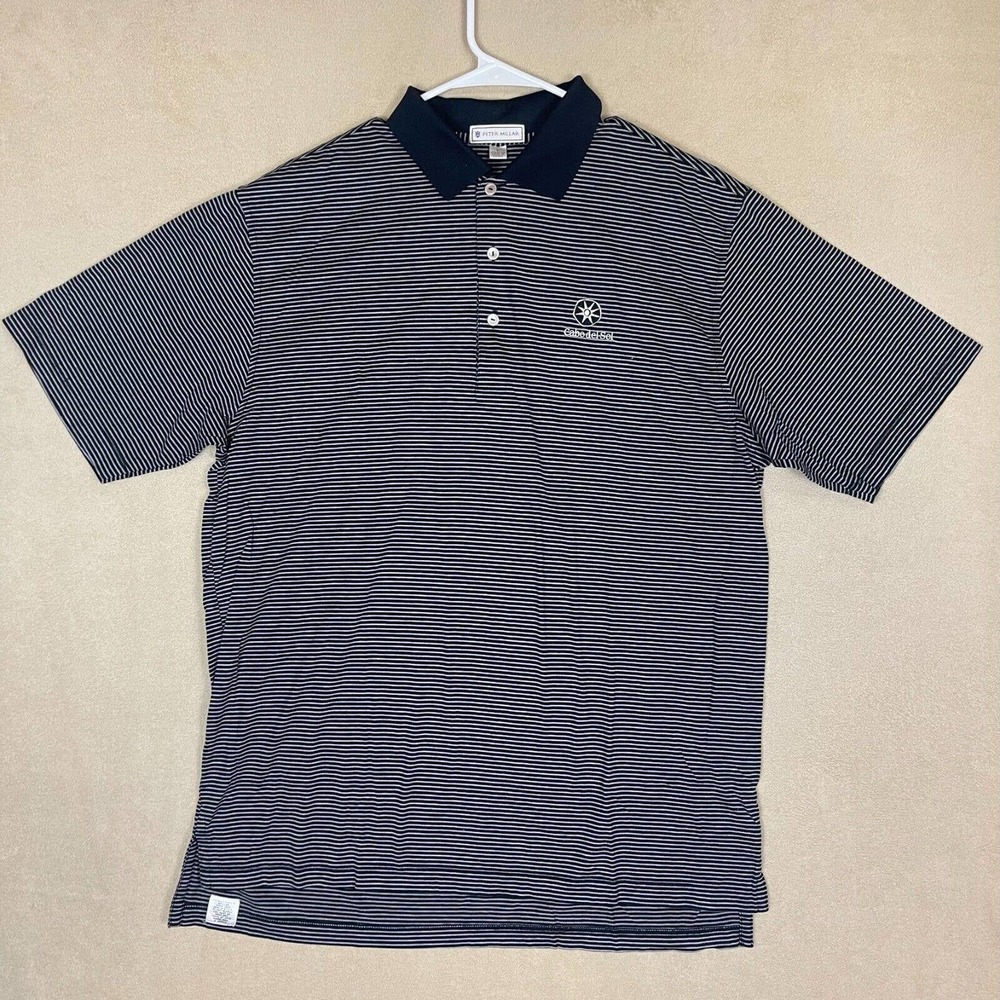 Peter Millar Golf Polo Shirt Mens L Gray Striped Embroidered Logo On Chest